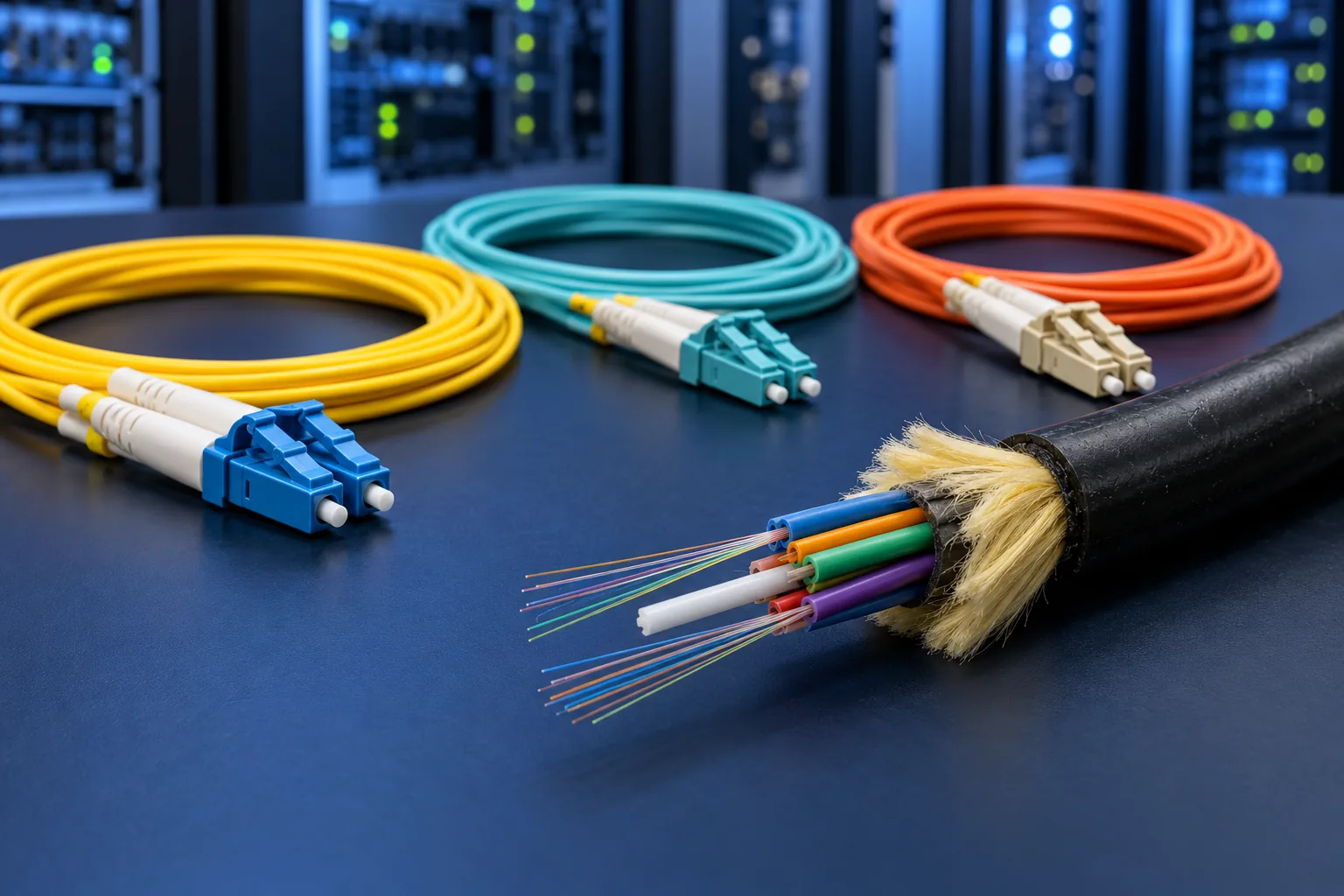 Yellow single-mode, aqua and orange multimode LC patch cords beside an opened outdoor loose tube fiber cable