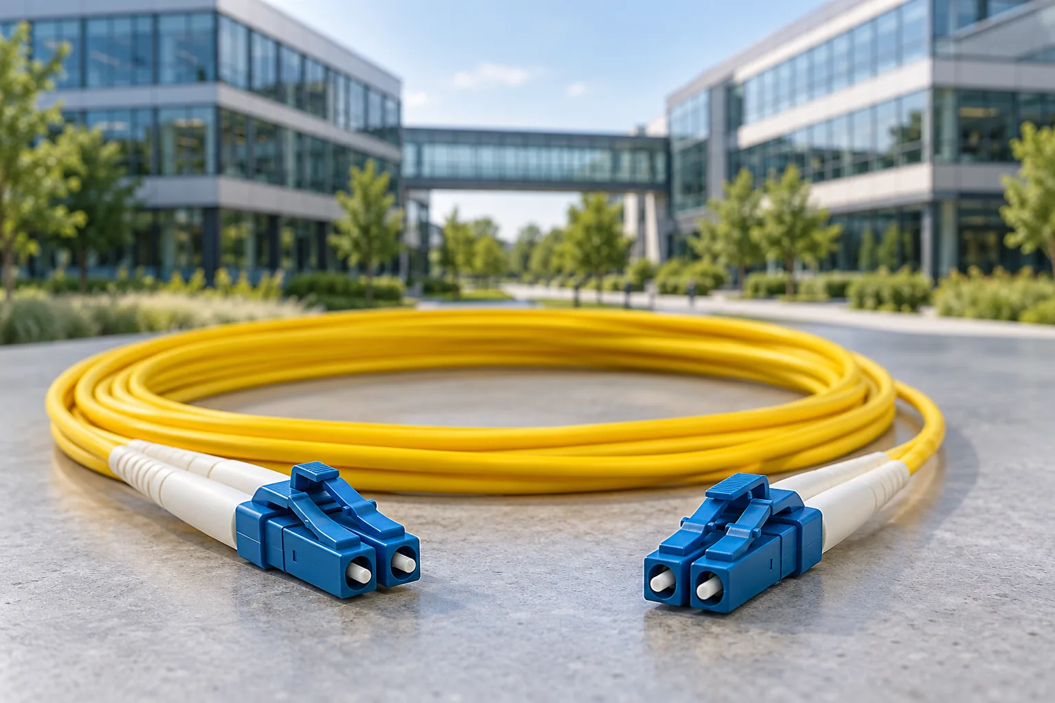 Yellow single-mode duplex LC patch cord in front of two office buildings joined by a skybridge