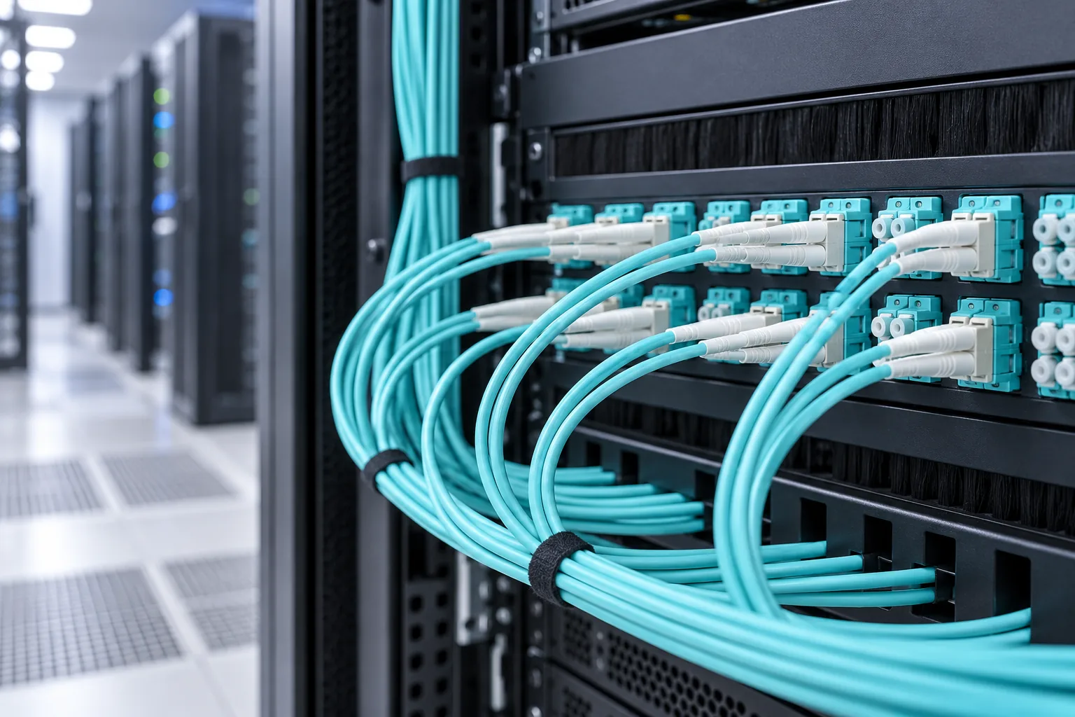 Aqua OM4 multimode LC patch cords plugged into a fiber patch panel in a data centre rack