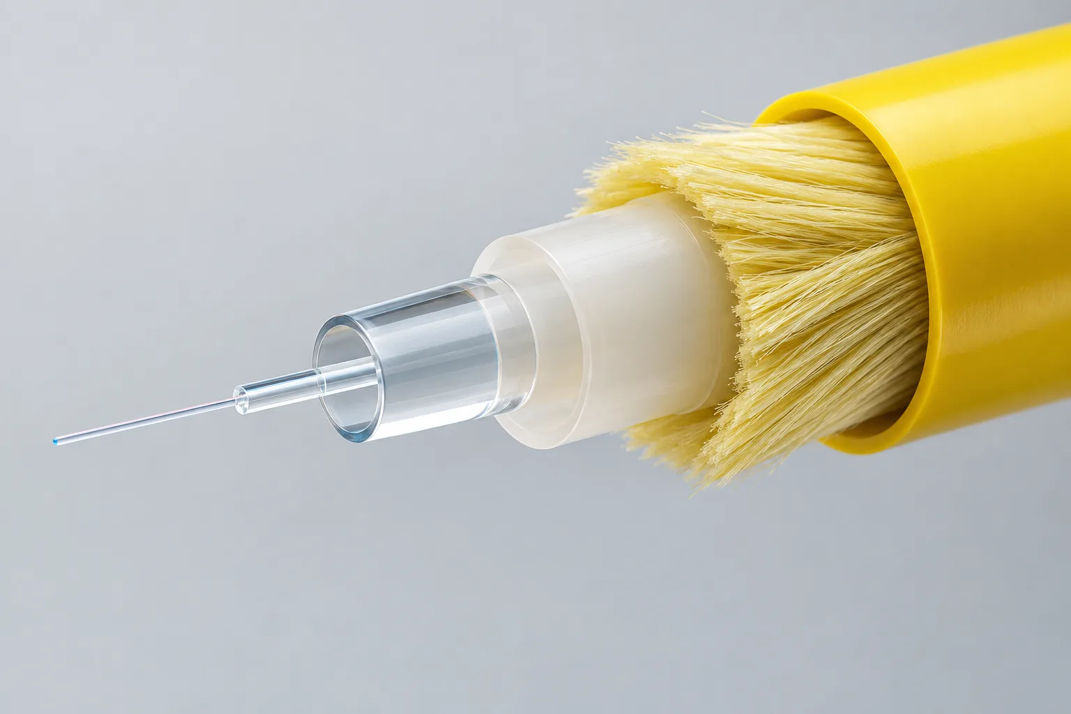 Cutaway of a yellow simplex fiber cable showing the outer jacket, aramid yarn, tight buffer, coating and glass fiber