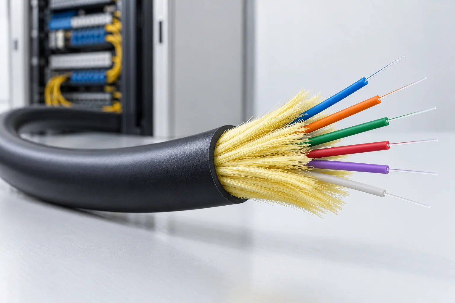 Black fiber cable cut back to show aramid yarn and colour-coded tight-buffered fibers, in front of a network rack