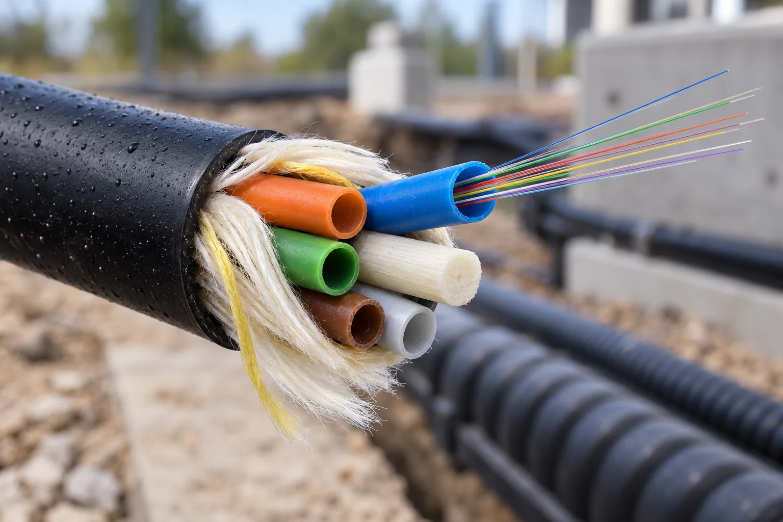 Outdoor loose tube fiber cable opened to show colour-coded buffer tubes, a central strength member and fibers, beside a trench with conduit
