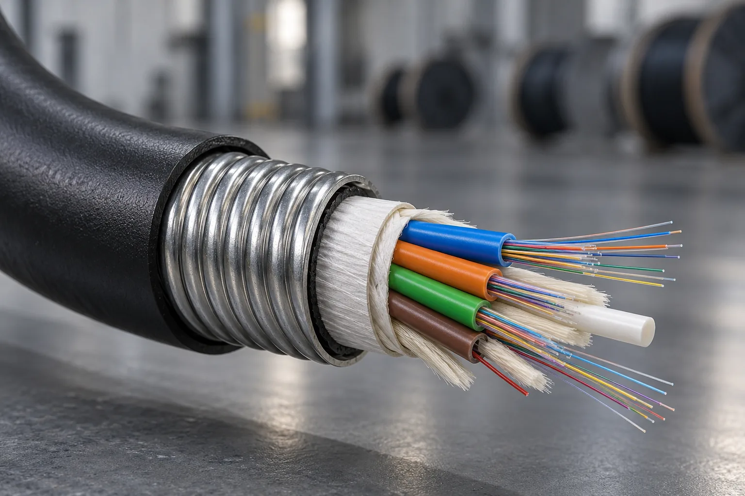 Armored loose tube fiber cable with the jacket cut back to show metal armor, wrapping tape and colour-coded buffer tubes