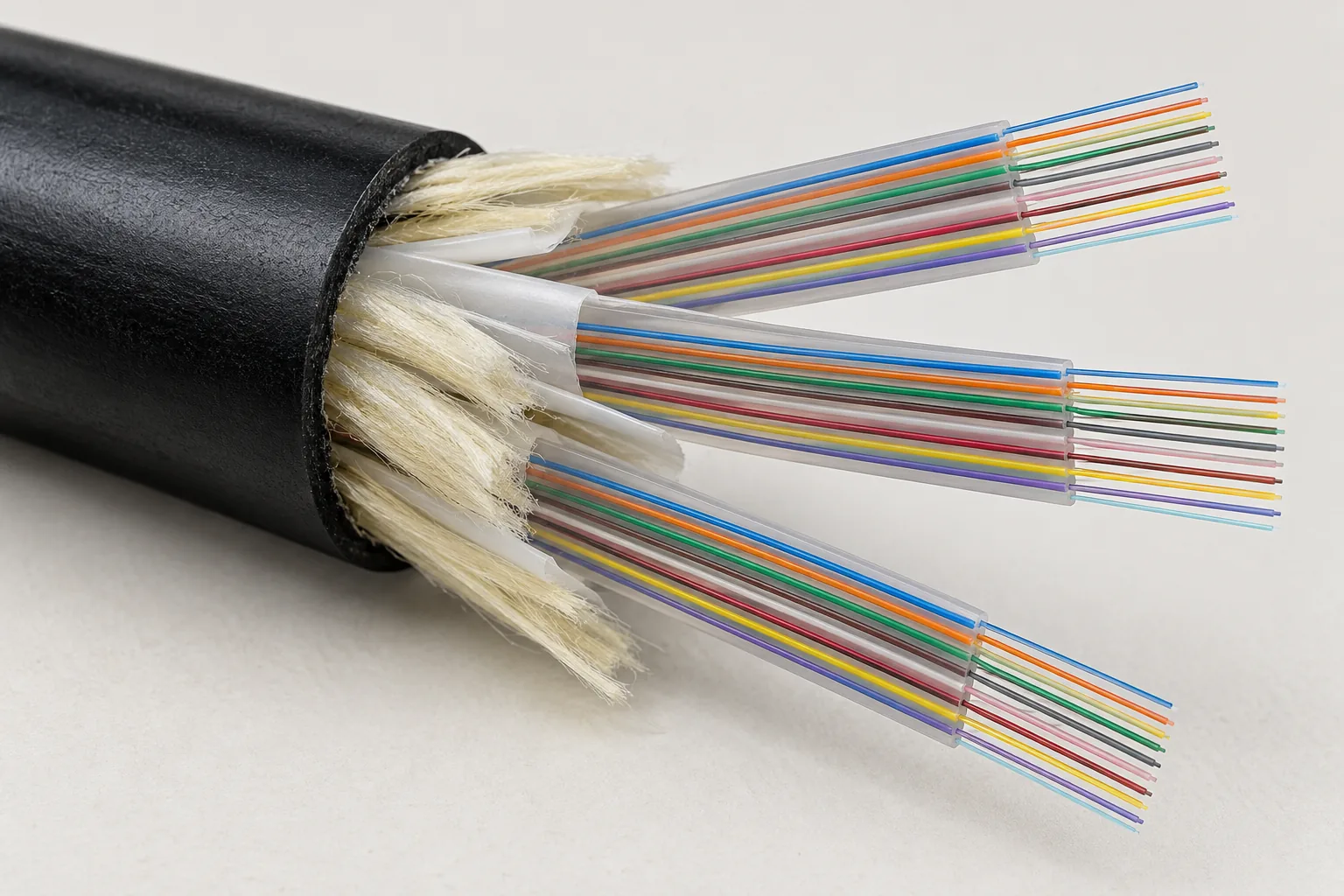 Fiber ribbon cable with three flat 12-fiber ribbons fanned out of the black jacket