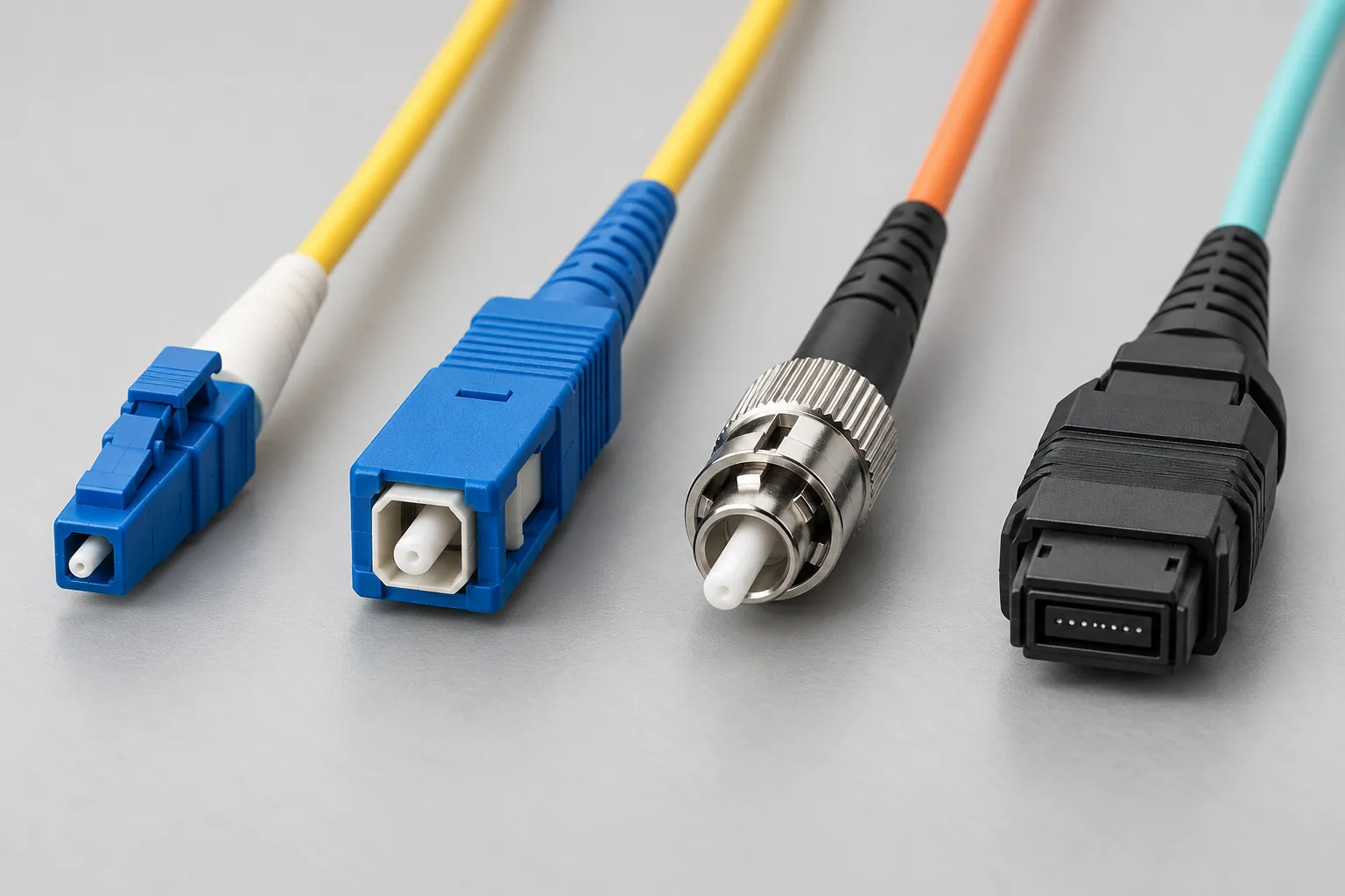 Four fiber optic connectors side by side: LC and SC on yellow single-mode cable, ST on orange multimode and MPO on aqua multimode