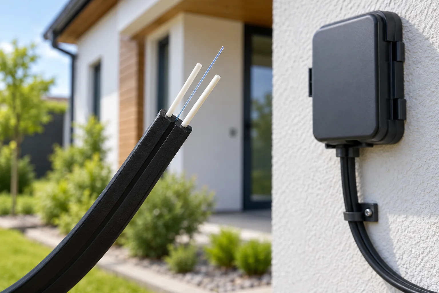 Flat fiber drop cable with two strength rods and a centre fiber, beside a box mounted on the outside wall of a house