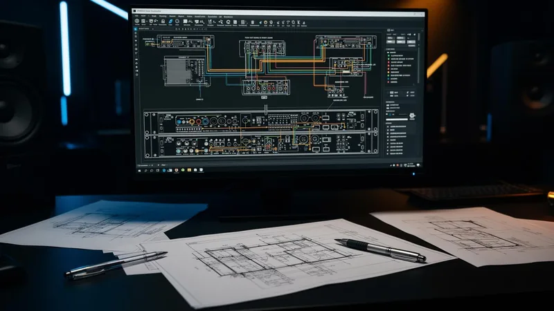 AV design, integration and project management AV system signal flow drawing on a monitor with floor plan drawings on the desk