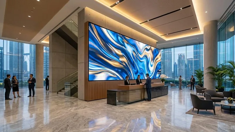 Digital signage and video wall installation Large LED video wall behind the reception desk in a corporate lobby