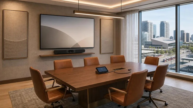 Meeting room and boardroom AV installation Boardroom with a wall-mounted display, video bar and table touch panel